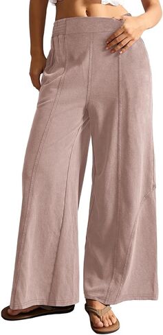 EVALESS Women's Wide Leg Baggy Pants Casual Elastic Waist Acid Wash Cotton Knit Palazzo Pants Boho Vacation Lounge in Saudi Arabia