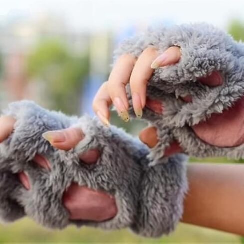 Cat Paws Gloves Winter Fluffy Plush Fingerless Mittens for Women & Teen Girls Cute Cartoon Accessories in Saudi Arabia
