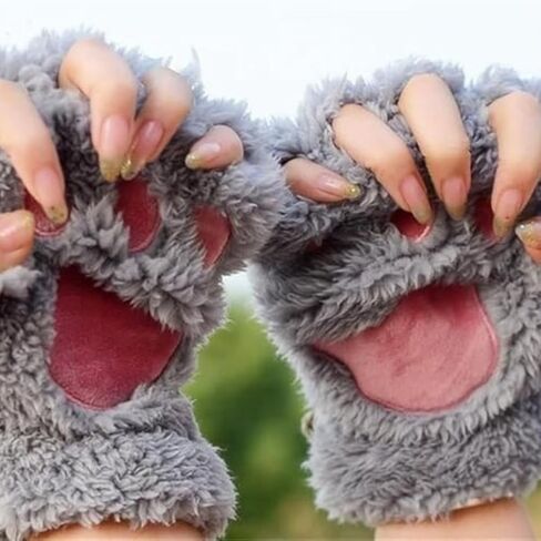Cat Paws Gloves Winter Fluffy Plush Fingerless Mittens for Women & Teen Girls Cute Cartoon Accessories in Saudi Arabia
