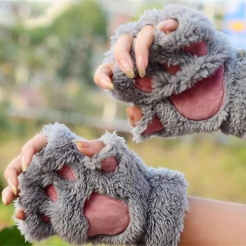 Cat Paws Gloves Winter Fluffy Plush Fingerless Mittens for Women & Teen Girls Cute Cartoon Accessories in Saudi Arabia