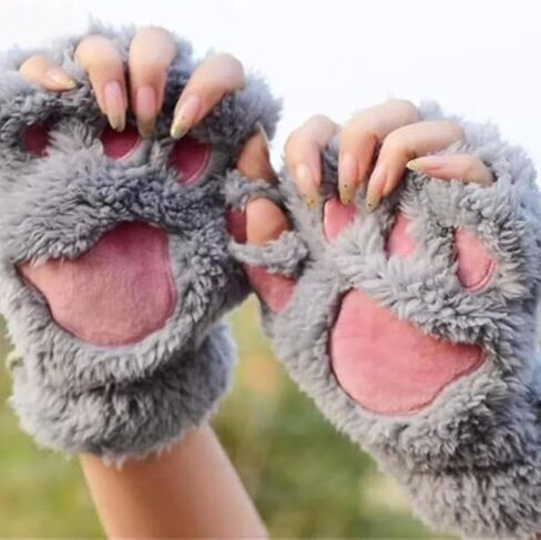 Cat Paws Gloves Winter Fluffy Plush Fingerless Mittens for Women & Teen Girls Cute Cartoon Accessories in Saudi Arabia