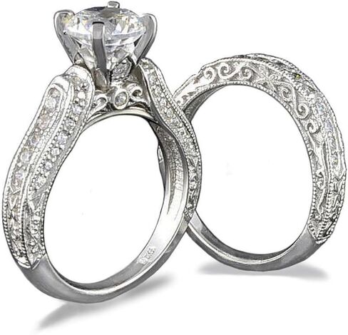 Venetia Top Grade Realistic Hearts and Arrows Cut 2 Carats Simulated Diamond Vintage Victorian Pave Ring Band Set 925 Silver Platinum Plated Art Decor Princess Wedding Engagement Solitaire in Saudi Arabia