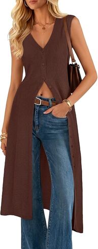 ZESICA Women's Sleeveless Long Cardigan Sweaters 2026 Summer V Neck Oversized Button Down Casual Knit Midi Dress in Saudi Arabia