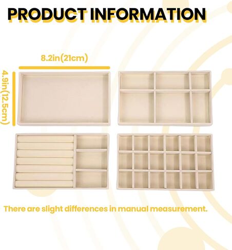 4PCS Velvet Jewelry Drawer Organizer Tray Set – Ring, 6Grid, 18Grid & Open Tray for Earring, Necklace, Bracelet, Dresser & Vanity (Beige) in Saudi Arabia