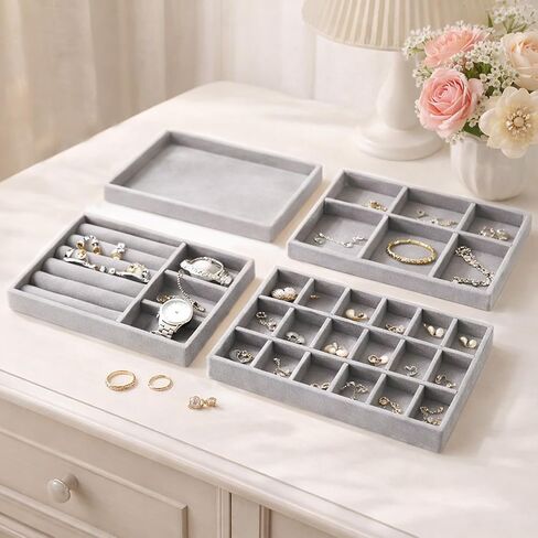 4PCS Velvet Jewelry Drawer Organizer Tray Set – Ring, 6Grid, 18Grid & Open Tray for Earring, Necklace, Bracelet, Dresser & Vanity (Beige) in Saudi Arabia