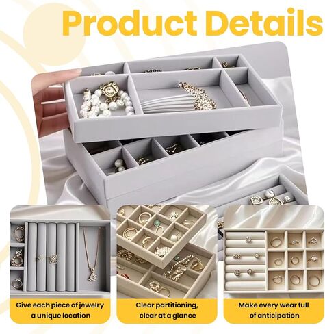 4PCS Velvet Jewelry Drawer Organizer Tray Set – Ring, 6Grid, 18Grid & Open Tray for Earring, Necklace, Bracelet, Dresser & Vanity (Beige) in Saudi Arabia