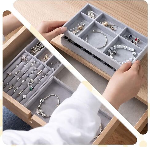 4PCS Velvet Jewelry Drawer Organizer Tray Set – Ring, 6Grid, 18Grid & Open Tray for Earring, Necklace, Bracelet, Dresser & Vanity (Beige) in Saudi Arabia