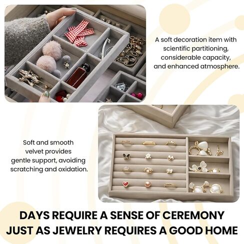 4PCS Velvet Jewelry Drawer Organizer Tray Set – Ring, 6Grid, 18Grid & Open Tray for Earring, Necklace, Bracelet, Dresser & Vanity (Beige) in Saudi Arabia