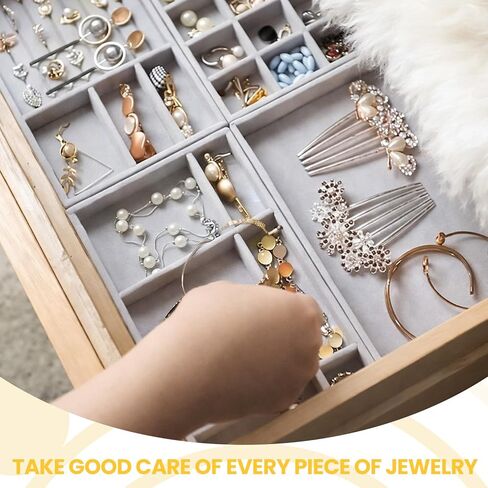 4PCS Velvet Jewelry Drawer Organizer Tray Set – Ring, 6Grid, 18Grid & Open Tray for Earring, Necklace, Bracelet, Dresser & Vanity (Beige) in Saudi Arabia