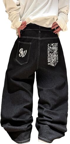 Mens Baggy Jeans Spider Web Patch Wide Leg Jeans Hip Hop Denim Pants Loose Fit Skater Jean Trousers in Saudi Arabia