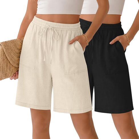Neer 2 Pack Women's Linen Bermuda Shorts High Waisted Drawstring Wide Leg Casual Beach Knee Length Shorts with Pockets in Saudi Arabia