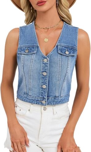 LifeShe Jean Vest Top for Women Blue Sleeveless Denim Vest Cropped V Neck Casual Waistcoat Button Down Vest Tops in Saudi Arabia