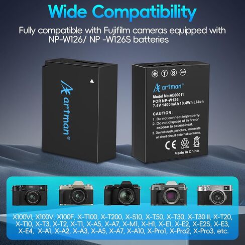 بطارية Artman Fujifilm NP-W126 NP-W126S وشاحن مزدوج LCD مطور مناسب لـ Fuji X-T2 T1 T3 X-A5 A3 A7 A10 A2 A2 A1 X-E3 E4 E2 E1 E2S X100F X100V X-Pro2 Pro3 Pro1 X-T20 T10 T3 T100 (1400 مللي أمبير) in Kuwait