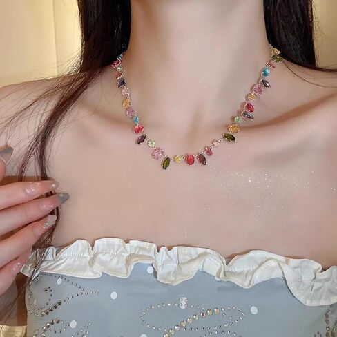 UUONLY Colorful Rainbow Crystal Necklace, Multicolor CZ Chain Choker Dainty Cubic Zirconia Jewelry Sparkly Rhinestone CZ Necklace for Women in Saudi Arabia