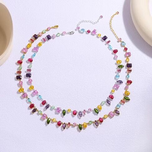 UUONLY Colorful Rainbow Crystal Necklace, Multicolor CZ Chain Choker Dainty Cubic Zirconia Jewelry Sparkly Rhinestone CZ Necklace for Women in Saudi Arabia