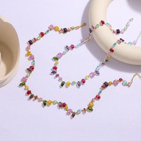 UUONLY Colorful Rainbow Crystal Necklace, Multicolor CZ Chain Choker Dainty Cubic Zirconia Jewelry Sparkly Rhinestone CZ Necklace for Women in Saudi Arabia