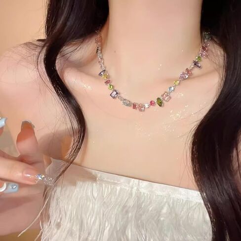 UUONLY Colorful Rainbow Crystal Necklace, Multicolor CZ Chain Choker Dainty Cubic Zirconia Jewelry Sparkly Rhinestone CZ Necklace for Women in Saudi Arabia