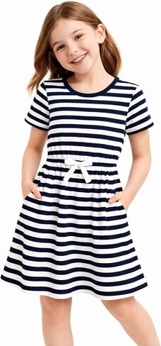 HILEELANG Girls' Striped Dress Elastic Waist Short Sleeve Spring Summer Casual Dress for Ages 5-13 in Saudi Arabia
