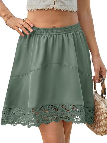 Yousify Womens Summer Mini Skirts Y2K Lace Trim Skirt Casual High Waisted Satin Silk Flowy Going Out Beach Short Skirt in Saudi Arabia