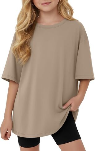 Girls T Shirts Oversized Short Sleeve Baggy Crew Neck Workout Tops Loose Kid Basic Tees for Teen Summer Trendy in Saudi Arabia