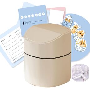 Modern Plastic Mini Trash Can with Lid Wastebasket for Office Desk, Bathroom Vanity, Desktop, Tabletop or Coffee Table - 2 Liter Mini Desk Can with Productivity Pack (Square Swing - White)
