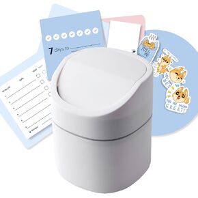 Modern Plastic Mini Trash Can with Lid Wastebasket for Office Desk, Bathroom Vanity, Desktop, Tabletop or Coffee Table - 2 Liter Mini Desk Can with Productivity Pack (Square Swing - White)