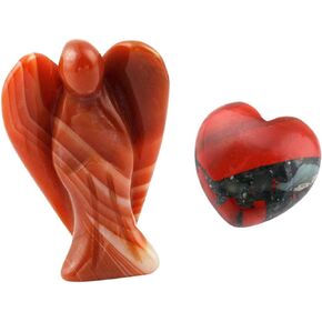 Rockcloud Healing Crystals Puff Heart & Guardian Angel Figurine Carved Worry Stone Chakra Reiki Balancing Set, Green Aventurine & Fluorite