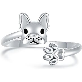 925 Sterling Silver French Bulldog Ring for Women Adjustable Puppy Paw Ring for Teens Girls Adorable Animal Dog Paw Print Ring Jewelry Gifts for Daughter