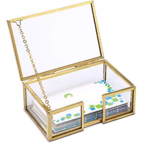 Hipiwe Glass Business Card Holder Box with Lid - Desktop Name Card Display Box Organizer Gold Metal Business Card Container Box for Office Countertop