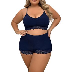 Women's Plus Size Lingerie 2 Piece Lace Trim Wireless Bralettes and High Rise Boyshorts Underwear Set