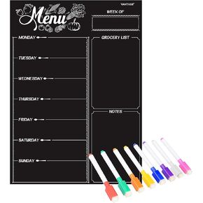 Magnetic Refrigerator Chalkboard,Weekly Menu, Meal Planner, Grocery Shopping List, Dry Erase Board, for Kitchen Fridge with 8 Color Magnetic Markers (16inchx12inch)