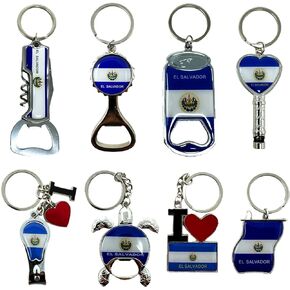 8 Pack El Salvador Keychains Country Metal Keychain, 4 Bottle Opener, Heart-shaped Whistle, Bottle Cap, Flag, Turtle, etc. Souvenir Keychains, Gift, Bulk