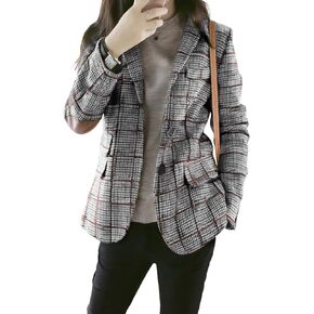 Women's Fashion Notched Lapel Wool Plaid Blazer Slim Long Sleeve Jacket with Elbow Patch