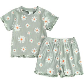 Toddler Baby Girl Summer Clothes Daisy Ruffle Short Sleeve T-Shirt Top Elastic Waist Shorts Casual Infant Outfits