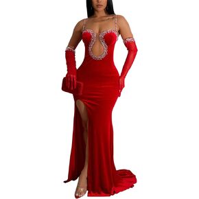 Womens Sexy Wrapped Chest Plush Solid Color Rhinestone Split Dress Evening Formal Dress Maxi Dress