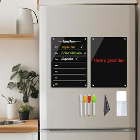 مخطط وجبات أسبوعي مغناطيسي من الأكريليك للثلاجة، مجموعة سوداء مكونة من 2 تقويم ولوحة مسح جاف ومذكرة لمخطط أسبوع قابل لإعادة الاستخدام للثلاجة، يتضمن 4 علامات مسح جاف مع 4 ألوان (8 × 12 بوصة) in Kuwait
