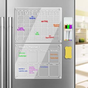 Acrylic Magnetic Calendar for Frige, 2PCS Clear Monthly and Weekly Calendar Dry Erase Reusable Planner Board for Refrigerator, Includes 6 Colors Markers & A Pen-Holder 16"x12"