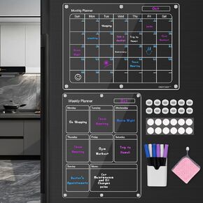 Premium Acrylic Magnetic Calendar for Refrigerator,2 Pack-Monthly & Weekly Calendar for Fridge,Weekly Planner,6 Separable Strong Fridge Magnets,6 Markers (3 Colors) & Pen Holder 16''x12''
