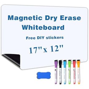 Magnetic Dry Erase Board for Fridge White Magnetic Board,Personality Message Board，Planning Calendar ，Erasable Notepad，Free DIY Stickers，6 Markers and Eraser with Magnet. (17x12"）