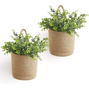 Dahey 2 Pack Wall Hanging Rope Basket with Artificial Eucalyptus Farmhouse Decor, Jute Woven Storage Organizer Flower Plants Basket Set Rustic Wall Decor for Porch Living Room Bedroom Entryway,Brown