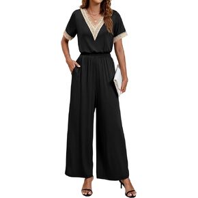 BMJL Womens Jumpsuits Dressy Lace V Neck Business Casual Outfits One Piece Wide Leg Summer Rompers
