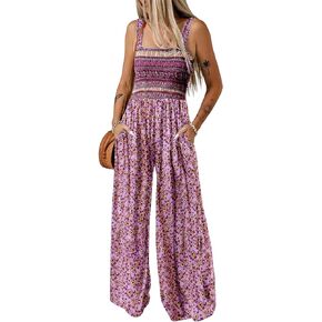 Happy Sailed Womens Overalls Casual Floral Print Sleeveless Jumpsuit High Waist Wide Leg Romper Jumpsuits with Pockets