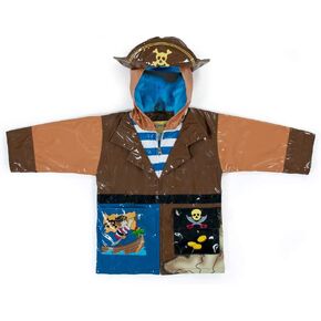 Pirate Brown PU All-Weather Raincoat for Boys w/Fun Treasure Chest Pocket, Pirate Hat