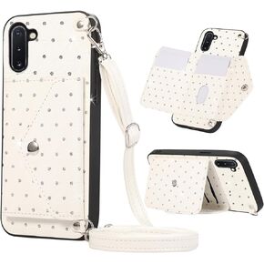 Phone Case for Samsung Galaxy Note 10 5G Wallet Cover with Crossbody Shoulder Strap Stand Leather Card Holder Credit Pocket Cell Accessories Note10 Notes 10s Ten Not S10 Girls Women Men Black