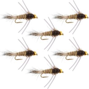 The Fly Fishing Place Tungsten Bead Head Nymph Fly Fishing Flies - Rubber Legs Gold Ribbed Hare's Ear Trout Fly - Nymph Wet Fly - 6 Flies Hook Size 12