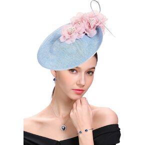 Sinamay Fascinator Church Hats for Women Derby Hat Wedding Tea Party Pillbox Hat with Headband Clip Lake Blue Pink