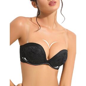 Push Up Strapless Plunge Bra with Clear Straps Convertible Lace Padded Add 2 Cups Underwire Low Cut for Women