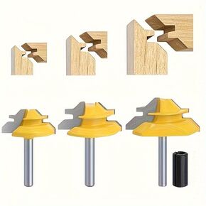 3PCS 45 Degree Lock Miter Router Bit Set, 1/4 Inch Shank Woodworking Tools Set with 1/4 Inch to 1/2 Inch Router Collet Converter for Cutting Height 5/8", 11/16", 29/32"
