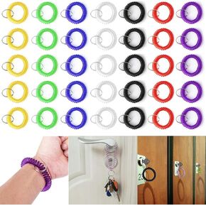 35pcs-Assorted Color Stretchable Plastic Bracelet Wrist Coil Wrist Band Key Ring Chain Holder Tag (5pcs for Each Color 7 Mixed Color)