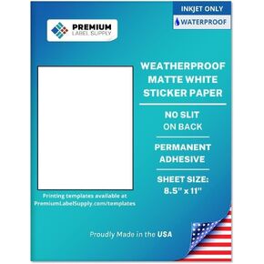 Premium Label Supply Waterproof White Inkjet Sticker Paper – 8.5" x 11" Full Sheet Labels – Inkjet Printers only – Similar to Vinyl – 10 Sheets